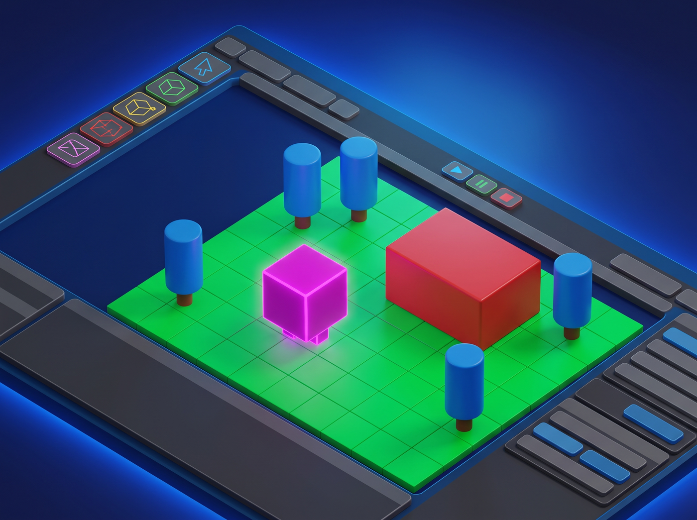 3D scene editor view with colored placeholder primitives representing game objects