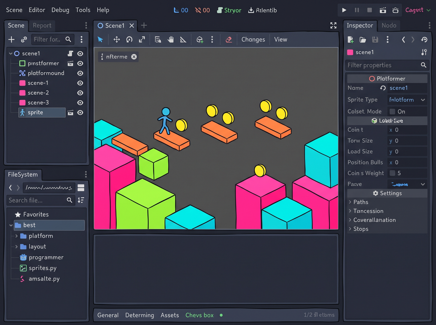 Godot game editor showing a platformer level made with colorful programmer art placeholders and simple shapes