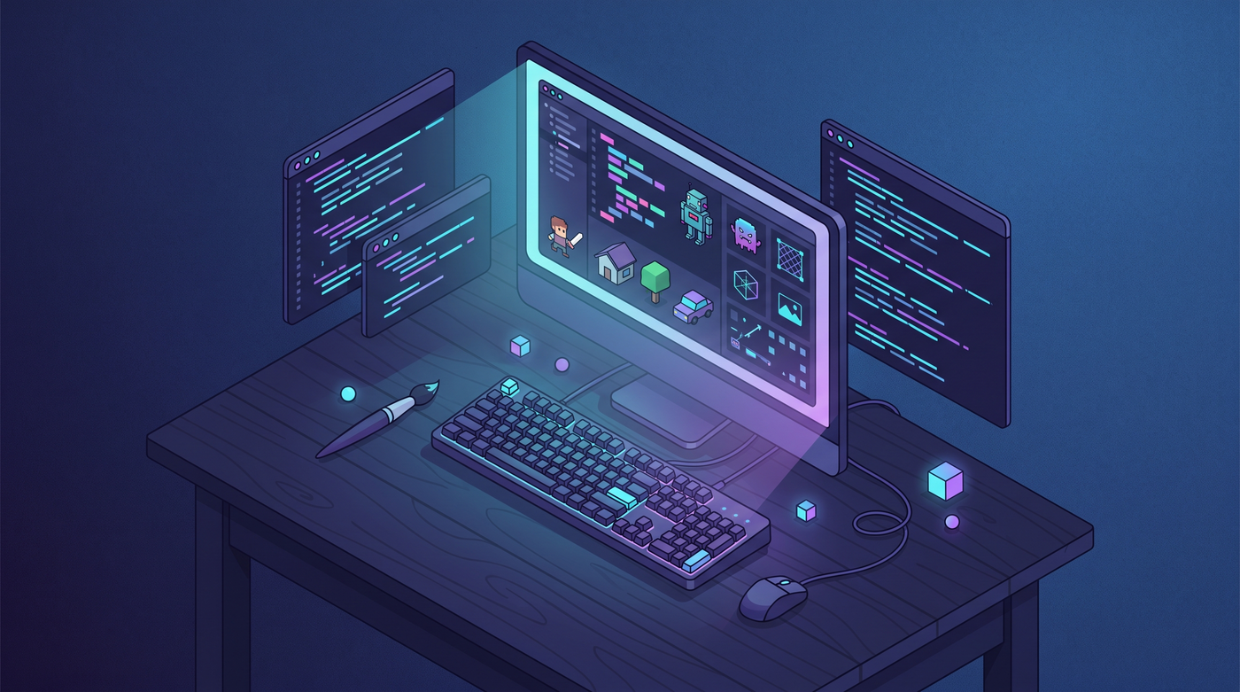 Isometric illustration of a programmer's workspace with code editors, game sprites, and art tools on a dark desk with cyan and purple glow