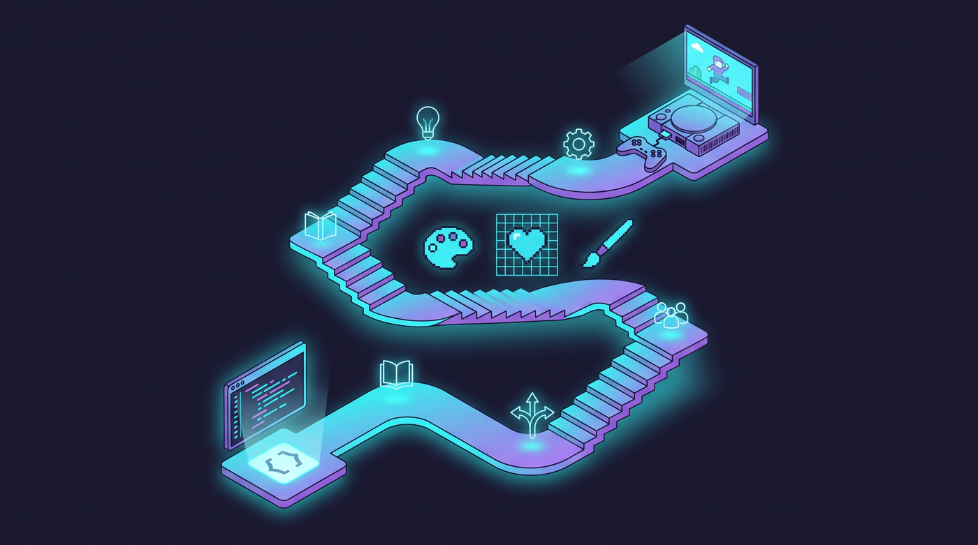 Isometric glowing path winding through icons representing game development, art tools, and learning milestones
