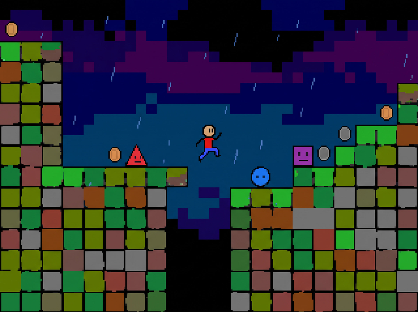 Pixel art platformer game level with stick figure character and colorful block tiles