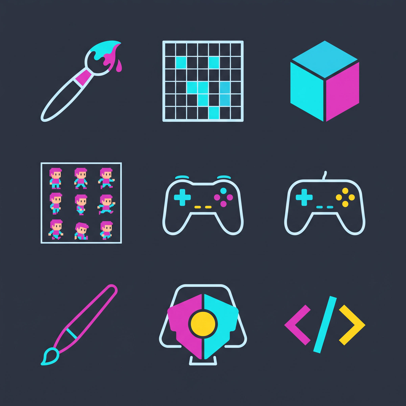 Grid of game development icons: paintbrush, pixel grid, 3D cube, sprite sheet, game controllers, code brackets