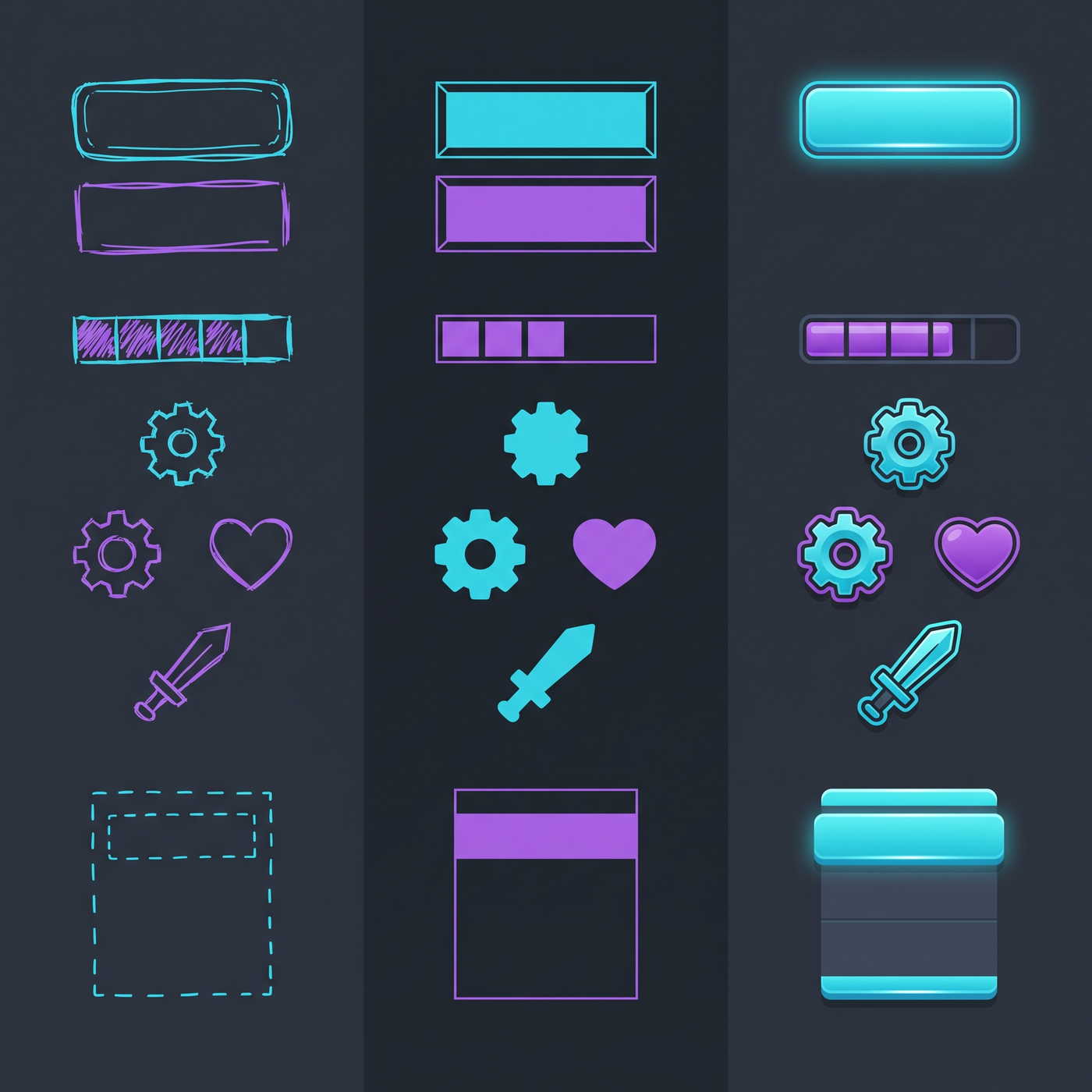 Progression of UI elements from rough sketch to clean vector to polished icon style in three columns